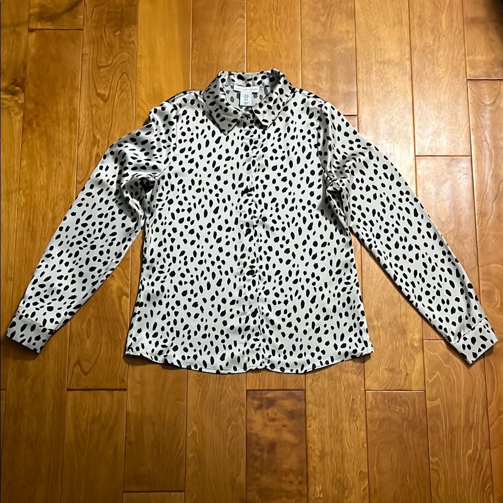 Sincerely Jules Satin Leopard Print Button Down Top Size M Black White Animal
